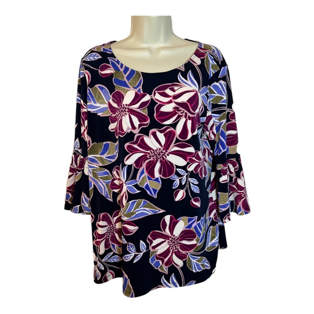 Ellen Tracy Colorful Floral Hibiscus Print Top VTG Blouse size Large
